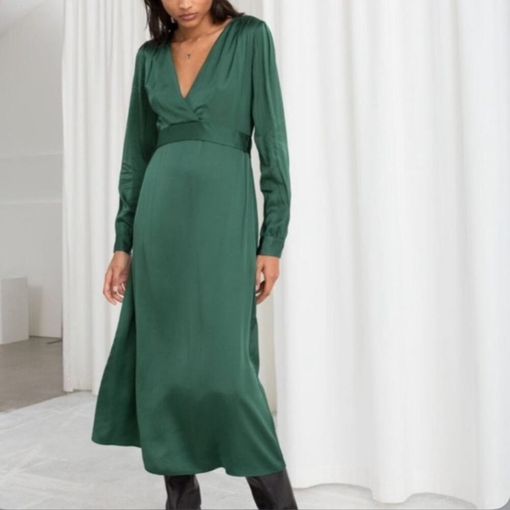& Other Stories Dark Green Satin Midi Dress Size 6 - Picture 1 of 9